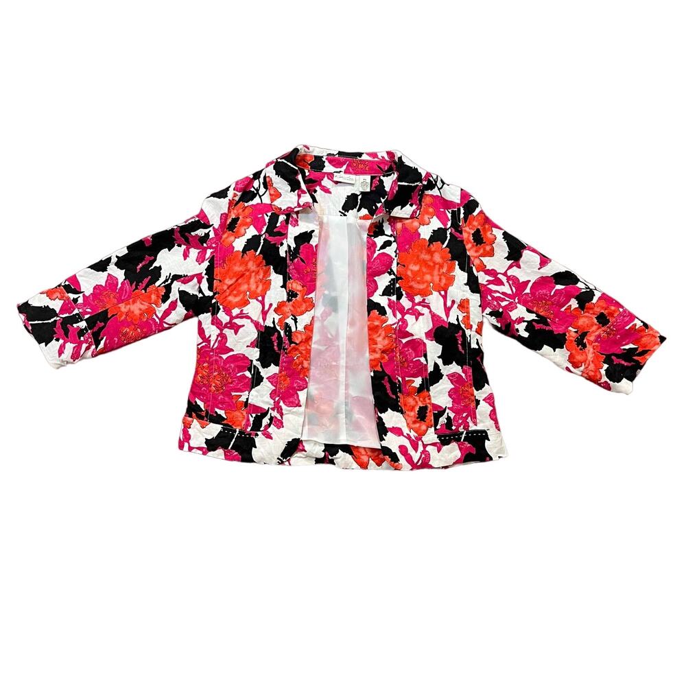 Kim Rogers Petite Womens PS Pink Orange Floral White Linen Zip Jacket 3/4 Sleeve